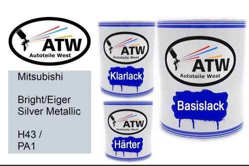 Mitsubishi, Bright/Eiger Silver Metallic, H43 / PA1: 1L Lackdose + 1L Klarlack + 500ml Härter - Set, von ATW Autoteile West.